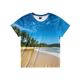 Детская футболка 3D с принтом Шикарный пляж в Курске, 100% гипоаллергенный полиэфир | прямой крой, круглый вырез горловины, длина до линии бедер, чуть спущенное плечо, ткань немного тянется | Тематика изображения на принте: вода | голубое небо | жара | загар | зной | каникулы | купание | море | океан | отдых | отпуск | пальмы | песок | приключение | путешествие | туризм