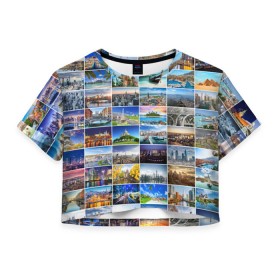 Женская футболка 3D укороченная с принтом Мир путешествий в Курске, 100% полиэстер | круглая горловина, длина футболки до линии талии, рукава с отворотами | азия | берлин | вегас | венеция | воспоминания | города | достопримечательности | европа | египет | калифорния | каникулы | лондон | милан | москва | ностальгия | нью йорк | отдых | отпуск | память