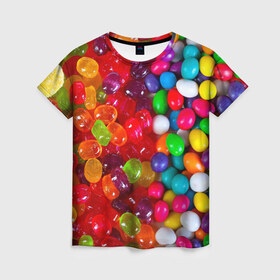 Женская футболка 3D с принтом Вкусняшки в Курске, 100% полиэфир ( синтетическое хлопкоподобное полотно) | прямой крой, круглый вырез горловины, длина до линии бедер | вкуснотища | вкусняшки | глазурь | карамельки | конфетки | конфеты | мармеладки | сахар | сладости