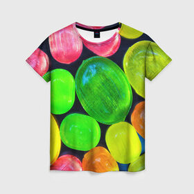 Женская футболка 3D с принтом Карамельки в Курске, 100% полиэфир ( синтетическое хлопкоподобное полотно) | прямой крой, круглый вырез горловины, длина до линии бедер | вкусности | вкусняшки | карамельки | конфетки | конфеты | леденцы | сахар | сладости