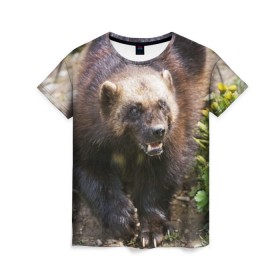 Женская футболка 3D с принтом Росомаха в Курске, 100% полиэфир ( синтетическое хлопкоподобное полотно) | прямой крой, круглый вырез горловины, длина до линии бедер | животные | лес | медведи | охота | природа | туризм