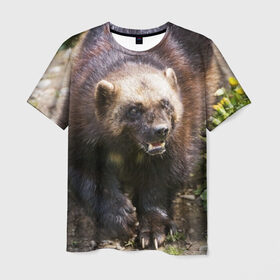 Мужская футболка 3D с принтом Росомаха в Курске, 100% полиэфир | прямой крой, круглый вырез горловины, длина до линии бедер | Тематика изображения на принте: животные | лес | медведи | охота | природа | туризм