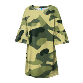 Детское платье 3D с принтом Зелёный камуфляж в Курске, 100% полиэстер | прямой силуэт, чуть расширенный к низу. Круглая горловина, на рукавах — воланы | Тематика изображения на принте: camouflage | green camouflage | зеленый камуфляж | камуфляж