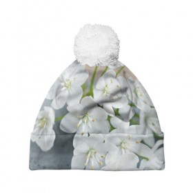 Шапка 3D c помпоном с принтом Белые цветочки 3 в Курске, 100% полиэстер | универсальный размер, печать по всей поверхности изделия | белый | цветок | цветы