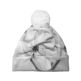 Шапка 3D c помпоном с принтом Белые цветочки 4 в Курске, 100% полиэстер | универсальный размер, печать по всей поверхности изделия | белый | монгохромный | цветок | цветы