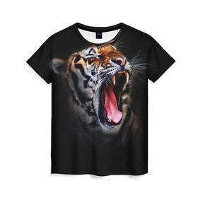 Женская футболка 3D с принтом Оскал тигра в Курске, 100% полиэфир ( синтетическое хлопкоподобное полотно) | прямой крой, круглый вырез горловины, длина до линии бедер | Тематика изображения на принте: дикая кошка | пасть | тигр | хищник