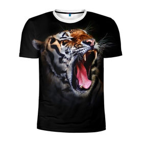 Мужская футболка 3D спортивная с принтом Оскал тигра в Курске, 100% полиэстер с улучшенными характеристиками | приталенный силуэт, круглая горловина, широкие плечи, сужается к линии бедра | Тематика изображения на принте: дикая кошка | пасть | тигр | хищник