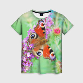 Женская футболка 3D с принтом Прелесть в Курске, 100% полиэфир ( синтетическое хлопкоподобное полотно) | прямой крой, круглый вырез горловины, длина до линии бедер | Тематика изображения на принте: бабочка | лепестки | прикольные картинки | природа | цветочки | цветы