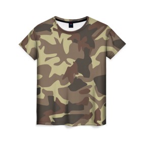 Женская футболка 3D с принтом Коричневый камуфляж в Курске, 100% полиэфир ( синтетическое хлопкоподобное полотно) | прямой крой, круглый вырез горловины, длина до линии бедер | camo | camouflage | камо | хаки