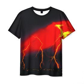 Мужская футболка 3D с принтом Гроза в Курске, 100% полиэфир | прямой крой, круглый вырез горловины, длина до линии бедер | Тематика изображения на принте: красный | молния | ночь | черный