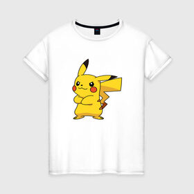 Женская футболка хлопок с принтом Pikachu в Курске, 100% хлопок | прямой крой, круглый вырез горловины, длина до линии бедер, слегка спущенное плечо | pikachu | pokemon | пикачу | покемон