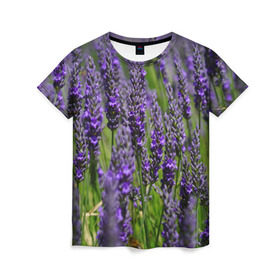Женская футболка 3D с принтом Лаванда в Курске, 100% полиэфир ( синтетическое хлопкоподобное полотно) | прямой крой, круглый вырез горловины, длина до линии бедер | Тематика изображения на принте: зеленый | зелень | лаванда | лето | поле | природа | синий | цветы