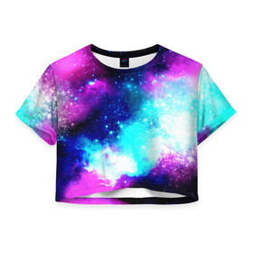 Женская футболка 3D укороченная с принтом Космические краски в Курске, 100% полиэстер | круглая горловина, длина футболки до линии талии, рукава с отворотами | star | звезды | яркие