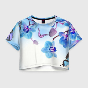 Женская футболка 3D укороченная с принтом Flowers в Курске, 100% полиэстер | круглая горловина, длина футболки до линии талии, рукава с отворотами | арт | краска | лето | лучи | любовь | новинки | популярные | природа | рисунки | свет | цветы