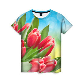 Женская футболка 3D с принтом Полевые тюльпаны в Курске, 100% полиэфир ( синтетическое хлопкоподобное полотно) | прямой крой, круглый вырез горловины, длина до линии бедер | арт | краска | лето | лучи | любовь | новинки | популярные | природа | рисунки | свет | цветы