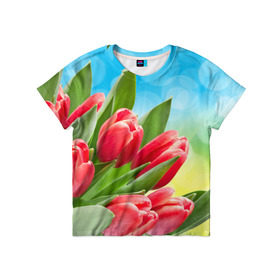 Детская футболка 3D с принтом Полевые тюльпаны в Курске, 100% гипоаллергенный полиэфир | прямой крой, круглый вырез горловины, длина до линии бедер, чуть спущенное плечо, ткань немного тянется | арт | краска | лето | лучи | любовь | новинки | популярные | природа | рисунки | свет | цветы