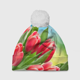Шапка 3D c помпоном с принтом Полевые тюльпаны в Курске, 100% полиэстер | универсальный размер, печать по всей поверхности изделия | арт | краска | лето | лучи | любовь | новинки | популярные | природа | рисунки | свет | цветы