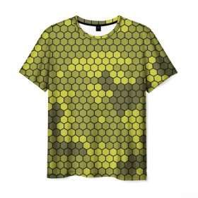 Мужская футболка 3D с принтом Кибер камуфляж 8 в Курске, 100% полиэфир | прямой крой, круглый вырез горловины, длина до линии бедер | желтый | соты