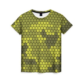 Женская футболка 3D с принтом Кибер камуфляж 8 в Курске, 100% полиэфир ( синтетическое хлопкоподобное полотно) | прямой крой, круглый вырез горловины, длина до линии бедер | желтый | соты