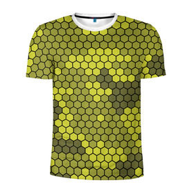 Мужская футболка 3D спортивная с принтом Кибер камуфляж 8 в Курске, 100% полиэстер с улучшенными характеристиками | приталенный силуэт, круглая горловина, широкие плечи, сужается к линии бедра | желтый | соты