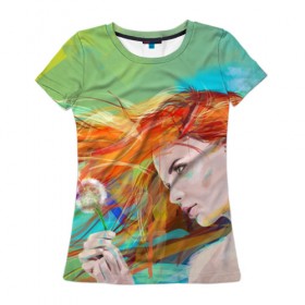Женская футболка 3D с принтом Летняя пора в Курске, 100% полиэфир ( синтетическое хлопкоподобное полотно) | прямой крой, круглый вырез горловины, длина до линии бедер | lineking | вектор | волосы на ветру | девушка | краски | модель | одуванчик | рыжая