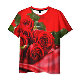 Мужская футболка 3D с принтом Розы в Курске, 100% полиэфир | прямой крой, круглый вырез горловины, длина до линии бедер | Тематика изображения на принте: букет | красная | лепесток | разноцветная | роза | цветок