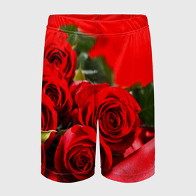 Детские спортивные шорты 3D с принтом Розы в Курске,  100% полиэстер
 | пояс оформлен широкой мягкой резинкой, ткань тянется
 | Тематика изображения на принте: букет | красная | лепесток | разноцветная | роза | цветок