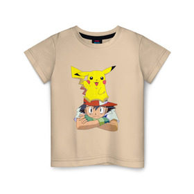 Детская футболка хлопок с принтом Эш и Пикачу в Курске, 100% хлопок | круглый вырез горловины, полуприлегающий силуэт, длина до линии бедер | покемон