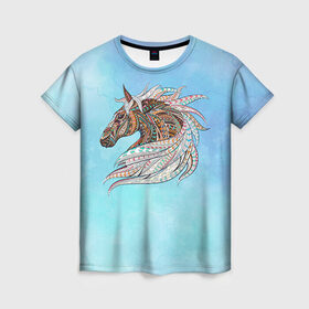 Женская футболка 3D с принтом Конь в Курске, 100% полиэфир ( синтетическое хлопкоподобное полотно) | прямой крой, круглый вырез горловины, длина до линии бедер | конь | лошадь