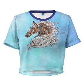 Женская футболка 3D укороченная с принтом Конь в Курске, 100% полиэстер | круглая горловина, длина футболки до линии талии, рукава с отворотами | конь | лошадь