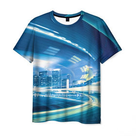 Мужская футболка 3D с принтом Мегаполис в Курске, 100% полиэфир | прямой крой, круглый вырез горловины, длина до линии бедер | night city | высотки | город | движение | мегаполис | неоновый свет | ночная жизнь | ночной город | огни | поток | столица | трафик
