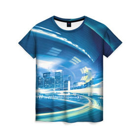 Женская футболка 3D с принтом Мегаполис в Курске, 100% полиэфир ( синтетическое хлопкоподобное полотно) | прямой крой, круглый вырез горловины, длина до линии бедер | night city | высотки | город | движение | мегаполис | неоновый свет | ночная жизнь | ночной город | огни | поток | столица | трафик