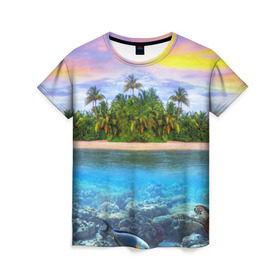 Женская футболка 3D с принтом Мальдивы в Курске, 100% полиэфир ( синтетическое хлопкоподобное полотно) | прямой крой, круглый вырез горловины, длина до линии бедер | загар | каникулы | мальдивские острова | мальдивы | отдых | отпуск | пляж | приключения | солнце | туризм