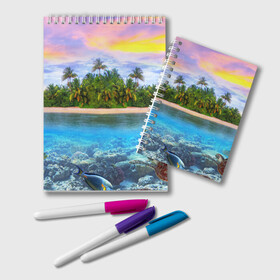Блокнот с принтом Мальдивы в Курске, 100% бумага | 48 листов, плотность листов — 60 г/м2, плотность картонной обложки — 250 г/м2. Листы скреплены удобной пружинной спиралью. Цвет линий — светло-серый
 | загар | каникулы | мальдивские острова | мальдивы | отдых | отпуск | пляж | приключения | солнце | туризм