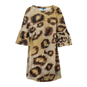 Детское платье 3D с принтом Леопардовая ткань в Курске, 100% полиэстер | прямой силуэт, чуть расширенный к низу. Круглая горловина, на рукавах — воланы | гепард | гламур | леопард | мода | пятна | роскошь | ткань | точки | шерсть
