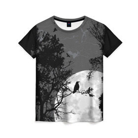 Женская футболка 3D с принтом Черный ворон в Курске, 100% полиэфир ( синтетическое хлопкоподобное полотно) | прямой крой, круглый вырез горловины, длина до линии бедер | ворон | луна | новинки | ночь | полнолуние | природа | птица