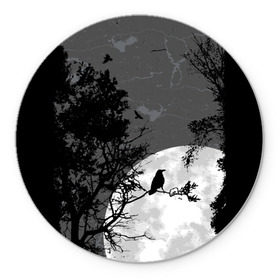 Коврик круглый с принтом Черный ворон в Курске, резина и полиэстер | круглая форма, изображение наносится на всю лицевую часть | ворон | луна | новинки | ночь | полнолуние | природа | птица