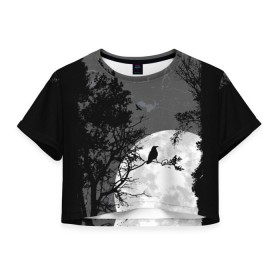 Женская футболка 3D укороченная с принтом Черный ворон в Курске, 100% полиэстер | круглая горловина, длина футболки до линии талии, рукава с отворотами | ворон | луна | новинки | ночь | полнолуние | природа | птица