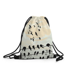 Рюкзак-мешок 3D с принтом Темная стая в Курске, 100% полиэстер | плотность ткани — 200 г/м2, размер — 35 х 45 см; лямки — толстые шнурки, застежка на шнуровке, без карманов и подкладки | ворон | закат | ласточки | новинки | популярное | птицы | темнота