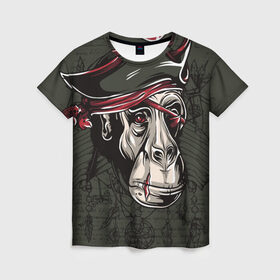 Женская футболка 3D с принтом Старый пират в Курске, 100% полиэфир ( синтетическое хлопкоподобное полотно) | прямой крой, круглый вырез горловины, длина до линии бедер | обезьяна | шимпанзе