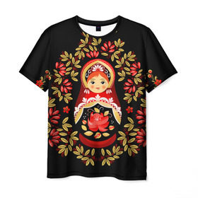 Мужская футболка 3D с принтом Матрешка в Курске, 100% полиэфир | прямой крой, круглый вырез горловины, длина до линии бедер | flowers | matryoshka | russian | роспись | русская | цветы