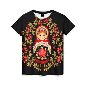 Женская футболка 3D с принтом Матрешка в Курске, 100% полиэфир ( синтетическое хлопкоподобное полотно) | прямой крой, круглый вырез горловины, длина до линии бедер | flowers | matryoshka | russian | роспись | русская | цветы