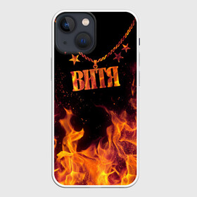 Чехол для iPhone 13 mini с принтом Витя в Курске,  |  | black background | chain | fire | name | stars | victor | витя | звезды | имя | огонь | цепь | черный фон