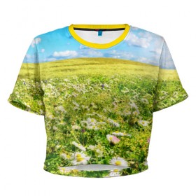 Женская футболка 3D укороченная с принтом Ромашковый ковёр в Курске, 100% полиэстер | круглая горловина, длина футболки до линии талии, рукава с отворотами | горизонт | зелень | небо | облака | поле | поляна | ромашки | солнце | цветы