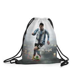 Рюкзак-мешок 3D с принтом Leo Messi в Курске, 100% полиэстер | плотность ткани — 200 г/м2, размер — 35 х 45 см; лямки — толстые шнурки, застежка на шнуровке, без карманов и подкладки | barselona | messi | аргентина | барселона | месси | мяч | футбол