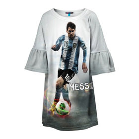 Детское платье 3D с принтом Leo Messi в Курске, 100% полиэстер | прямой силуэт, чуть расширенный к низу. Круглая горловина, на рукавах — воланы | barselona | messi | аргентина | барселона | месси | мяч | футбол