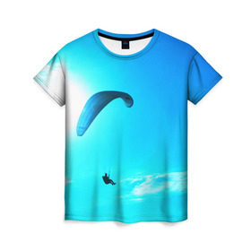 Женская футболка 3D с принтом Прыжок в Курске, 100% полиэфир ( синтетическое хлопкоподобное полотно) | прямой крой, круглый вырез горловины, длина до линии бедер | парашют | прыжок | синяя