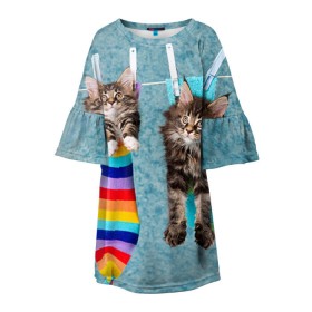 Детское платье 3D с принтом Мейн-кун 1 в Курске, 100% полиэстер | прямой силуэт, чуть расширенный к низу. Круглая горловина, на рукавах — воланы | Тематика изображения на принте: кот | котенок | котик | котэ | кошка | мейн кун | мейнкун | мэйн кун | мэйнкун