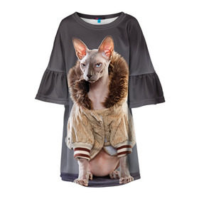 Детское платье 3D с принтом Сфинкс 4 в Курске, 100% полиэстер | прямой силуэт, чуть расширенный к низу. Круглая горловина, на рукавах — воланы | Тематика изображения на принте: кот | котенок | котик | котэ | кошка | сфинкс