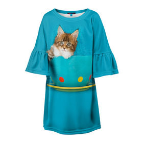 Детское платье 3D с принтом Мейн-кун 4 в Курске, 100% полиэстер | прямой силуэт, чуть расширенный к низу. Круглая горловина, на рукавах — воланы | Тематика изображения на принте: кот | котенок | котик | котэ | кошка | мейн кун | мейнкун | мэйн кун | мэйнкун